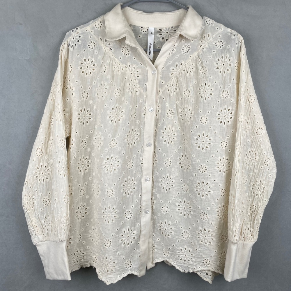 NY Collection Cream Floral Eyelet Embroidered Button L/S Blouse Boho Romantic M